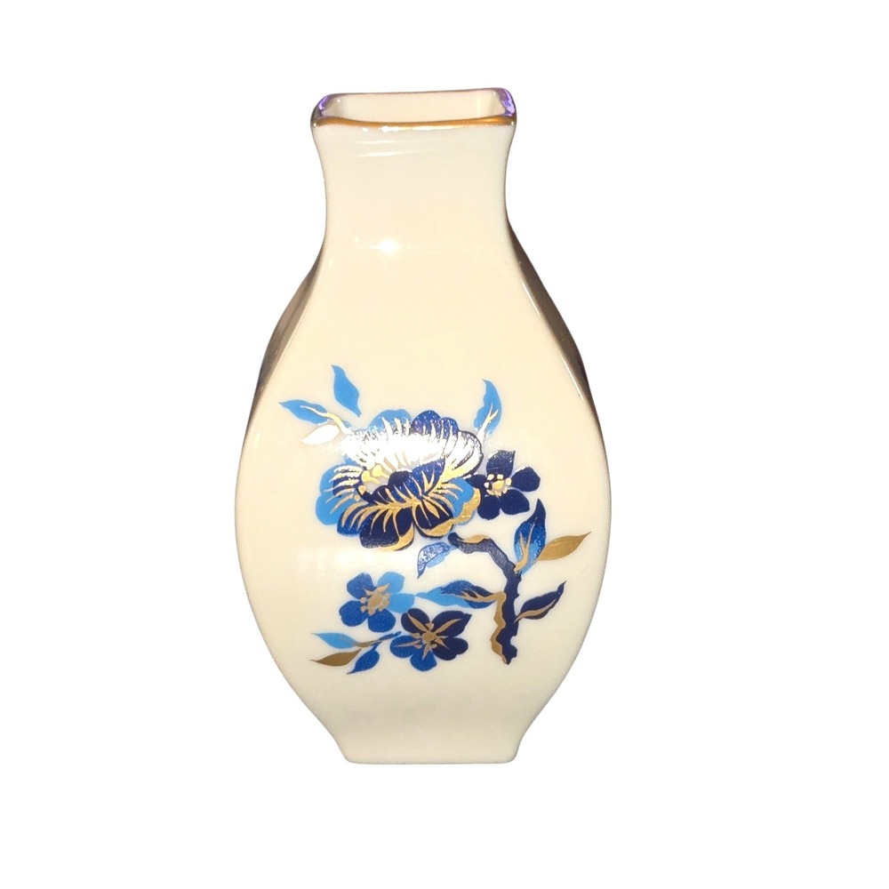 Lenox Pagoda Bud Vase Miniature 3.5" Cream & Blue Floral 24K Gold Trim USA Made